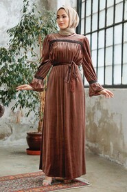 Neva Style - Brown Velvet Long Dress for Muslim Ladies 37291KH - Thumbnail
