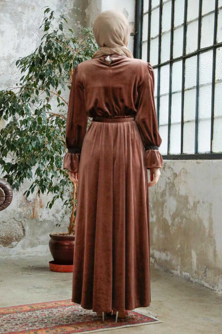 Neva Style - Brown Velvet Long Dress for Muslim Ladies 37291KH