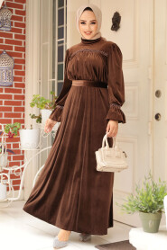  Brown Velvet Long Dress for Muslim Ladies 37291KH - 1