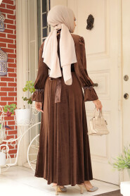  Brown Velvet Long Dress for Muslim Ladies 37291KH - 4