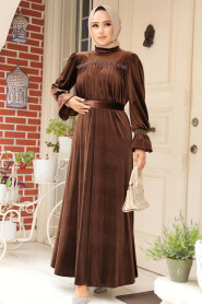  Brown Velvet Long Dress for Muslim Ladies 37291KH - 2