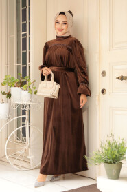  Brown Velvet Long Dress for Muslim Ladies 37291KH - 3