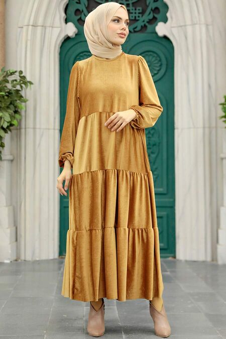  Camel Hijab Velvet Dress 1286C - NEVA STYLE
