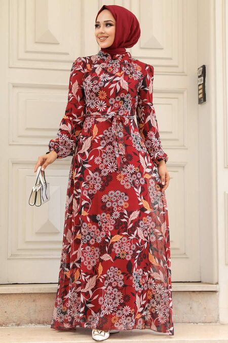 Claret Red Hijab Turkish Dress 27950BR - NEVA STYLE