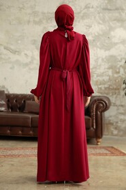  Claret Red Hijab Turkish Dress 5866BR - Thumbnail