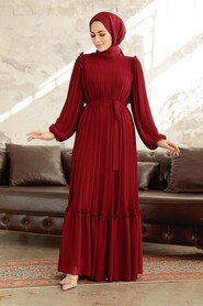  Claret Red Long Dress for Muslim Ladies 3958BR - 1