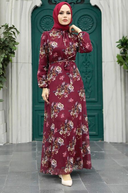  Claret Red Long Sleeve Dress 279082BR - NEVA STYLE