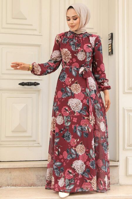  Claret Red Long Sleeve Dress 279083BR - NEVA STYLE