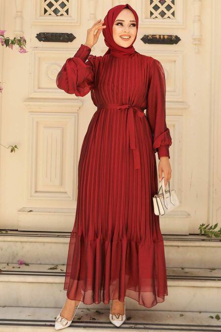  Claret Red Muslim Dress 3747BR - NEVA STYLE