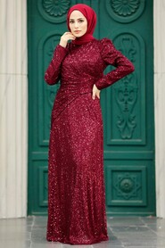  Claret Red Muslim Long Sleeve Dress 39471BR - 1