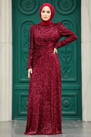  Claret Red Muslim Long Sleeve Dress 39471BR - 2
