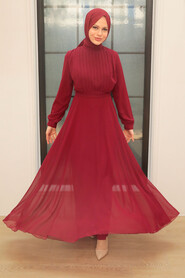  Claret Red Turkish Hijab Evening Gown 3371BR - 1