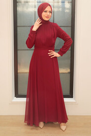  Claret Red Turkish Hijab Evening Gown 3371BR - 2