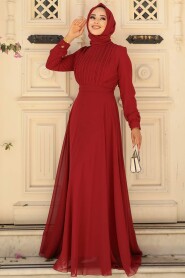Claret Red Turkish Hijab Evening Gown 3371BR - 1