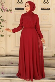 Claret Red Turkish Hijab Evening Gown 3371BR - 2