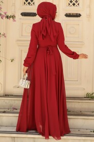 Claret Red Turkish Hijab Evening Gown 3371BR - 3