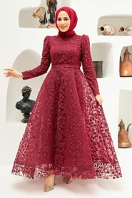  Claret Red Turkish Hijab Wedding Dress 22510BR - 1