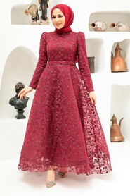  Claret Red Turkish Hijab Wedding Dress 22510BR - 2