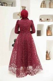  Claret Red Turkish Hijab Wedding Dress 22510BR - 3