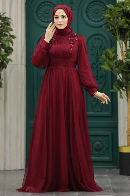 Claret Red Turkish Modest Wedding Dress 22070BR - Neva-style.com