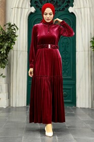 Claret Red Velvet Hijab Dress 36971BR - NEVA STYLE