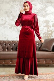 Neva Style - Claret Red Velvet Islamic Clothing Dress 3748R - Thumbnail