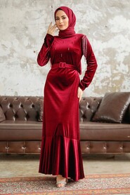  Claret Red Velvet Islamic Clothing Dress 3748R - 2