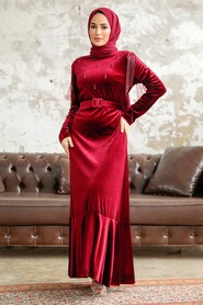  Claret Red Velvet Islamic Clothing Dress 3748R - 1