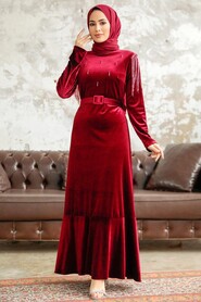  Claret Red Velvet Islamic Clothing Dress 3748R - 3