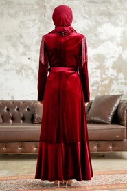  Claret Red Velvet Islamic Clothing Dress 3748R - 4