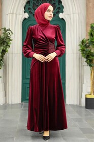  Claret Red Velvet Long Dress 3845BR - 1