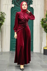  Claret Red Velvet Long Dress 3845BR - 3