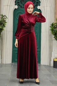  Claret Red Velvet Long Dress 3845BR - 2