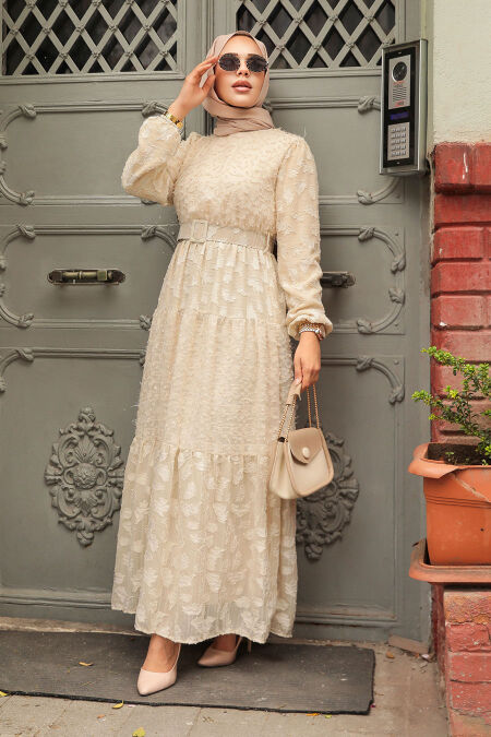  Cream Long Dress for Muslim Ladies 1389KR - NEVA STYLE