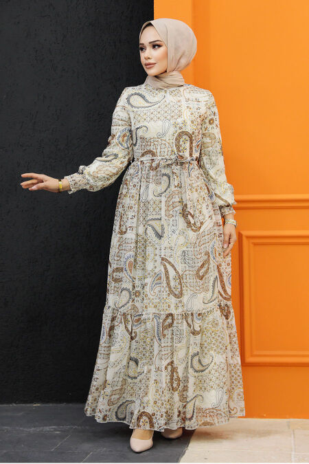 Cream Muslim Long Dress Style 33561KR - NEVA STYLE