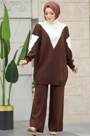 Neva Style - Dark Brown Hijab Knitwear Dual Suit 3433KKH - Thumbnail