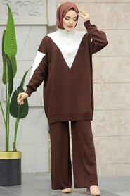 Neva Style - Dark Brown Hijab Knitwear Dual Suit 3433KKH - Thumbnail