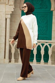  Dark Brown Islamic Clothing Knitwear Dual Suit 3412KKH - 1