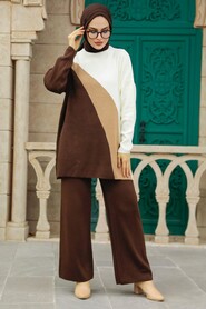  Dark Brown Islamic Clothing Knitwear Dual Suit 3412KKH - 2