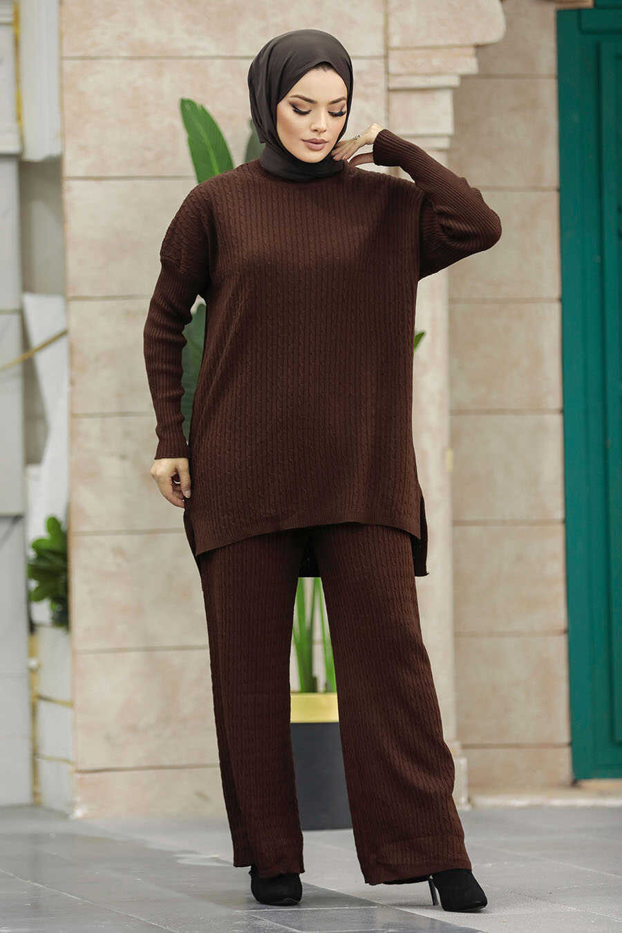 Neva Style - Dark Brown Knitwear Muslim Dual Suit 33450KKH