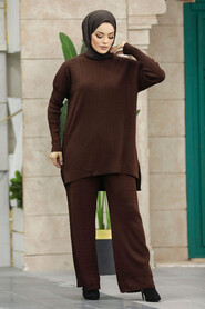 Neva Style - Dark Brown Knitwear Muslim Dual Suit 33450KKH - Thumbnail