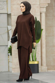 Neva Style - Dark Brown Knitwear Muslim Dual Suit 33450KKH - Thumbnail