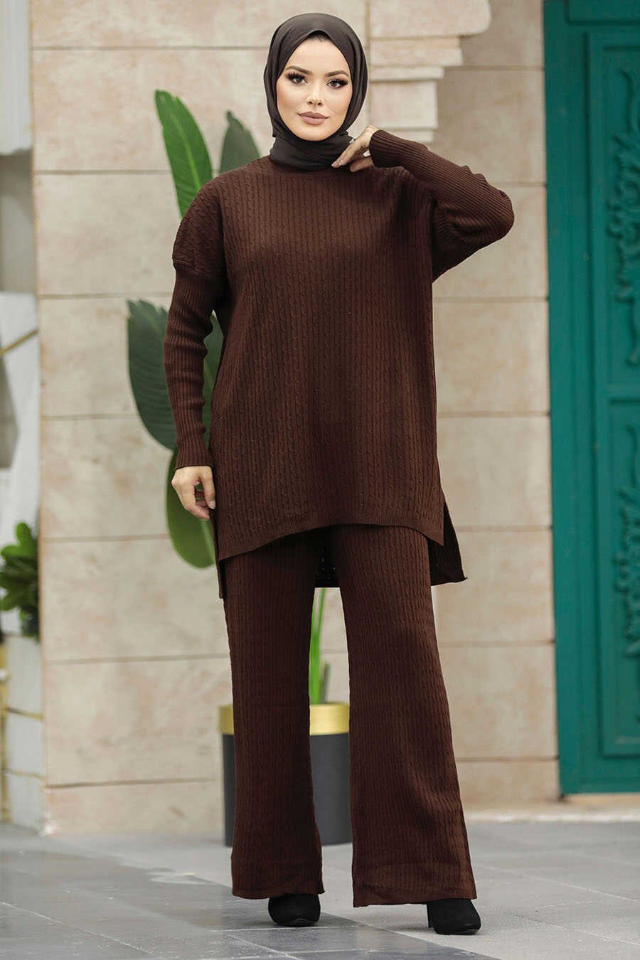 Neva Style - Dark Brown Knitwear Muslim Dual Suit 33450KKH
