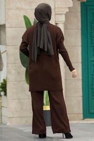 Neva Style - Dark Brown Knitwear Muslim Dual Suit 33450KKH - Thumbnail