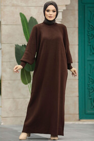 Neva Style - Dark Brown Long Knitwear Dress 34293KKH - Thumbnail