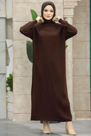 Neva Style - Dark Brown Long Muslim Knitwear Dress 33671KKH - Thumbnail