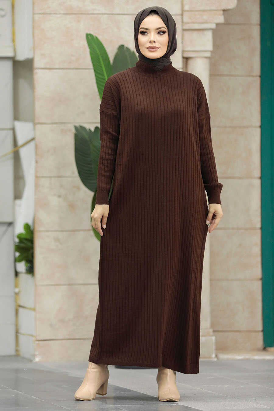Neva Style - Dark Brown Long Muslim Knitwear Dress 33671KKH