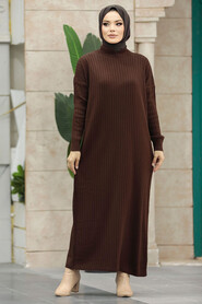 Neva Style - Dark Brown Long Muslim Knitwear Dress 33671KKH - Thumbnail