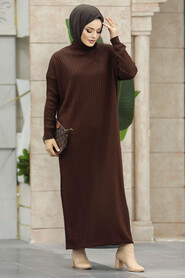  Dark Brown Long Muslim Knitwear Dress 33671KKH - 2
