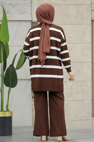 Neva Style - Dark Brown Sportswear Knitwear Dual Suit 3439KKH - Thumbnail